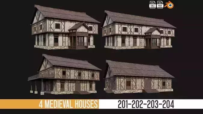 201-202-203-204 Old Medieval Houses Pack 4K Textures Low-poly 3D model