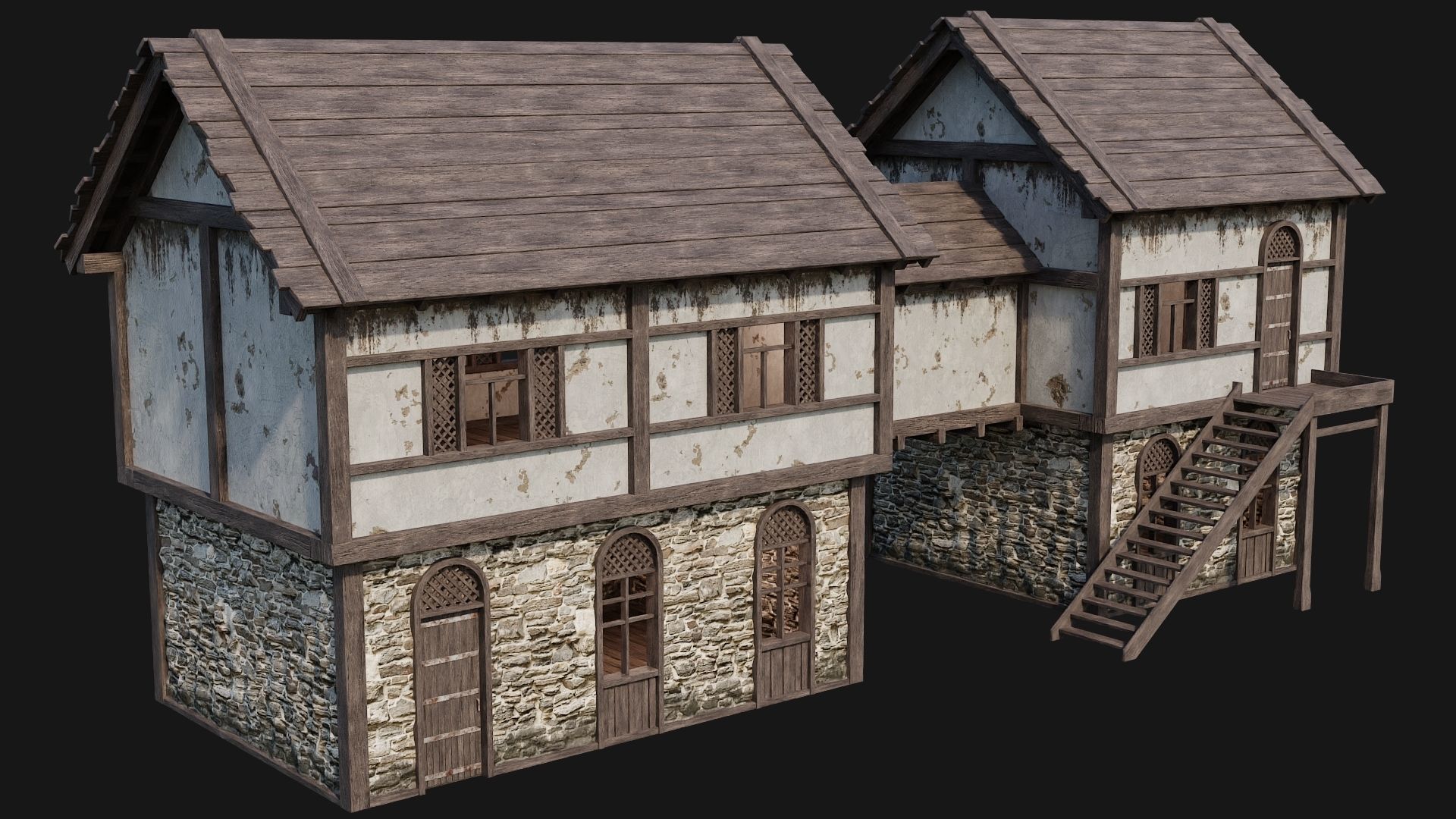 205-206-207-208 Old Medieval Houses Pack 4K Textures Low-poly 3D model_14