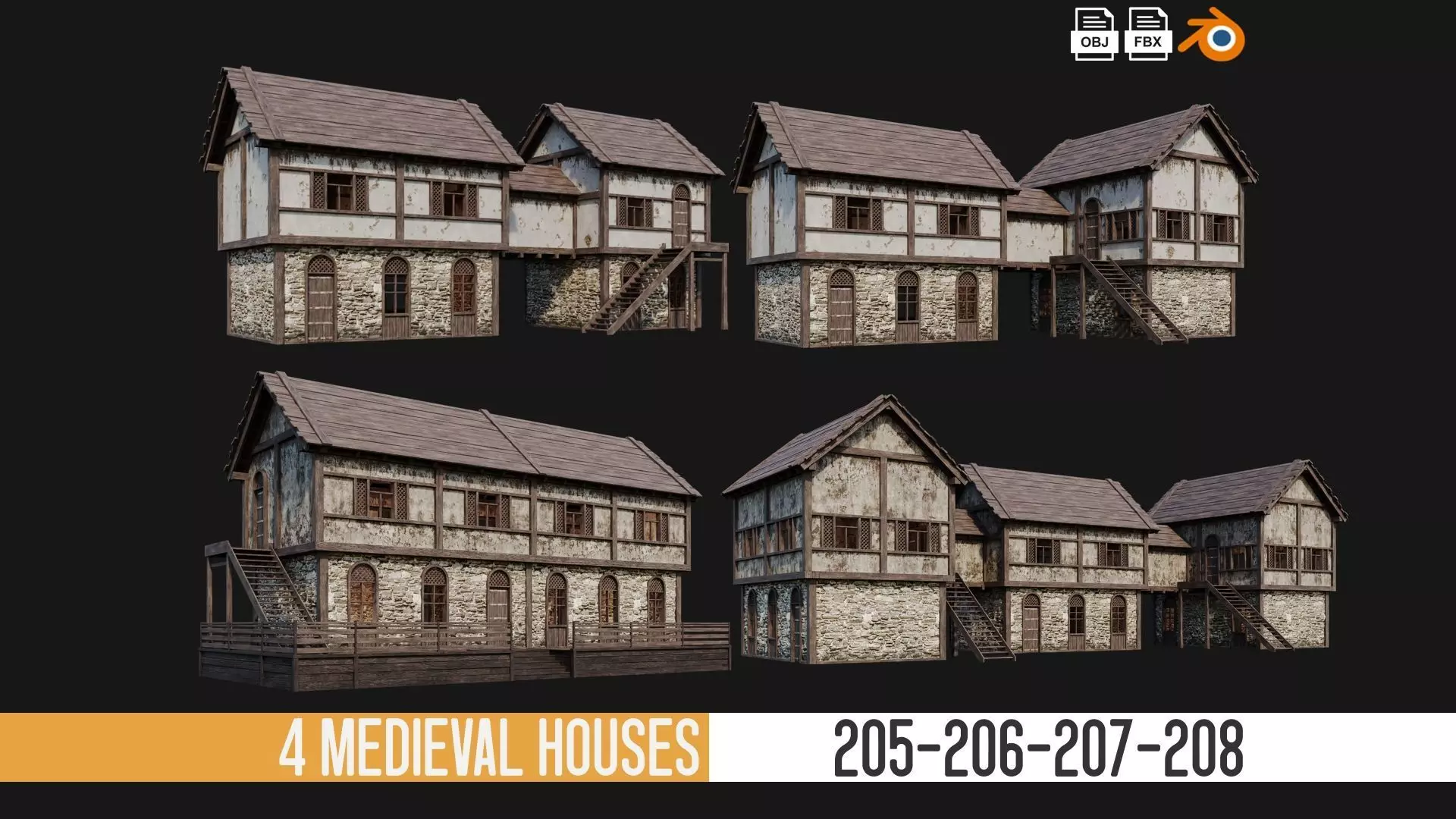 205-206-207-208 Old Medieval Houses Pack 4K Textures Low-poly 3D model_0