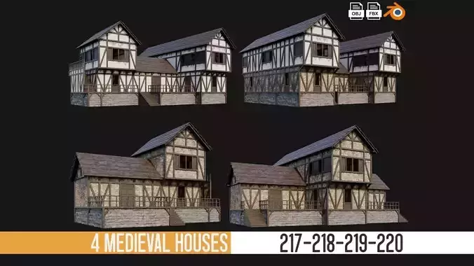 217-218-219-220 Old Medieval Houses Pack 4K Textures Low-poly 3D model