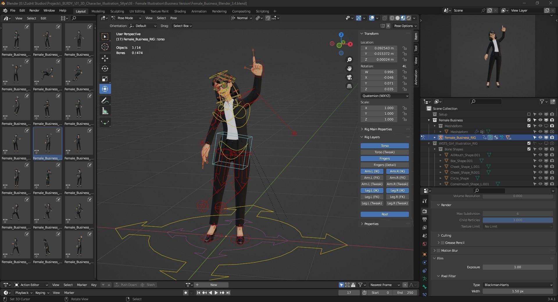 Business Office Secretary Woman Character Rigged Low-poly 3D model_34