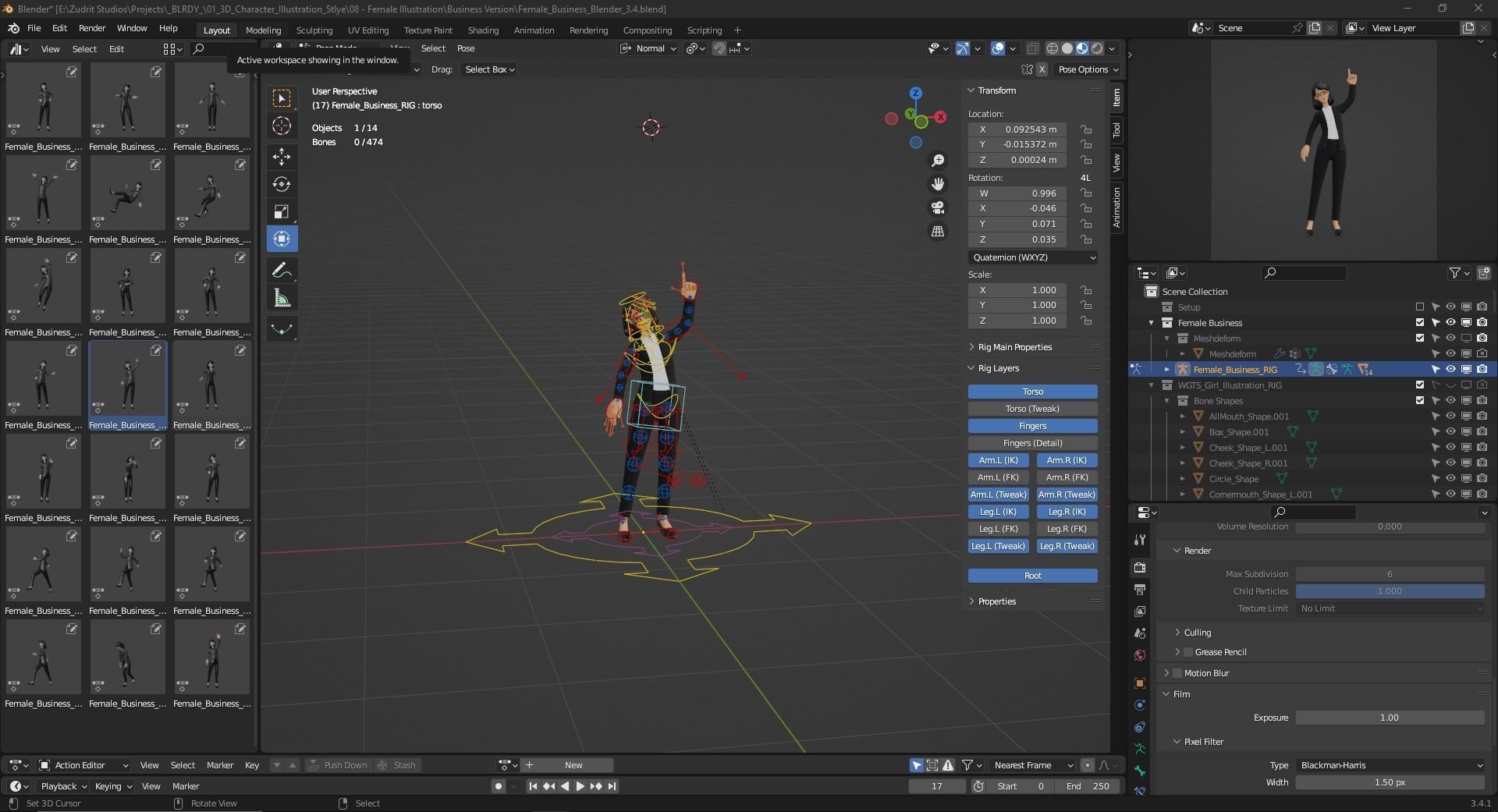 Business Office Secretary Woman Character Rigged Low-poly 3D model_33