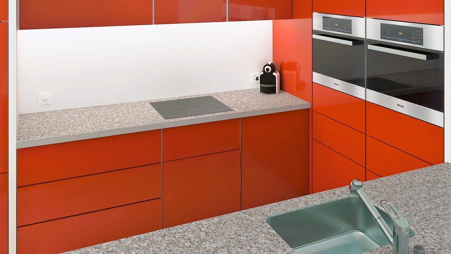Open modern red kitchen set with a bar 3D model_5