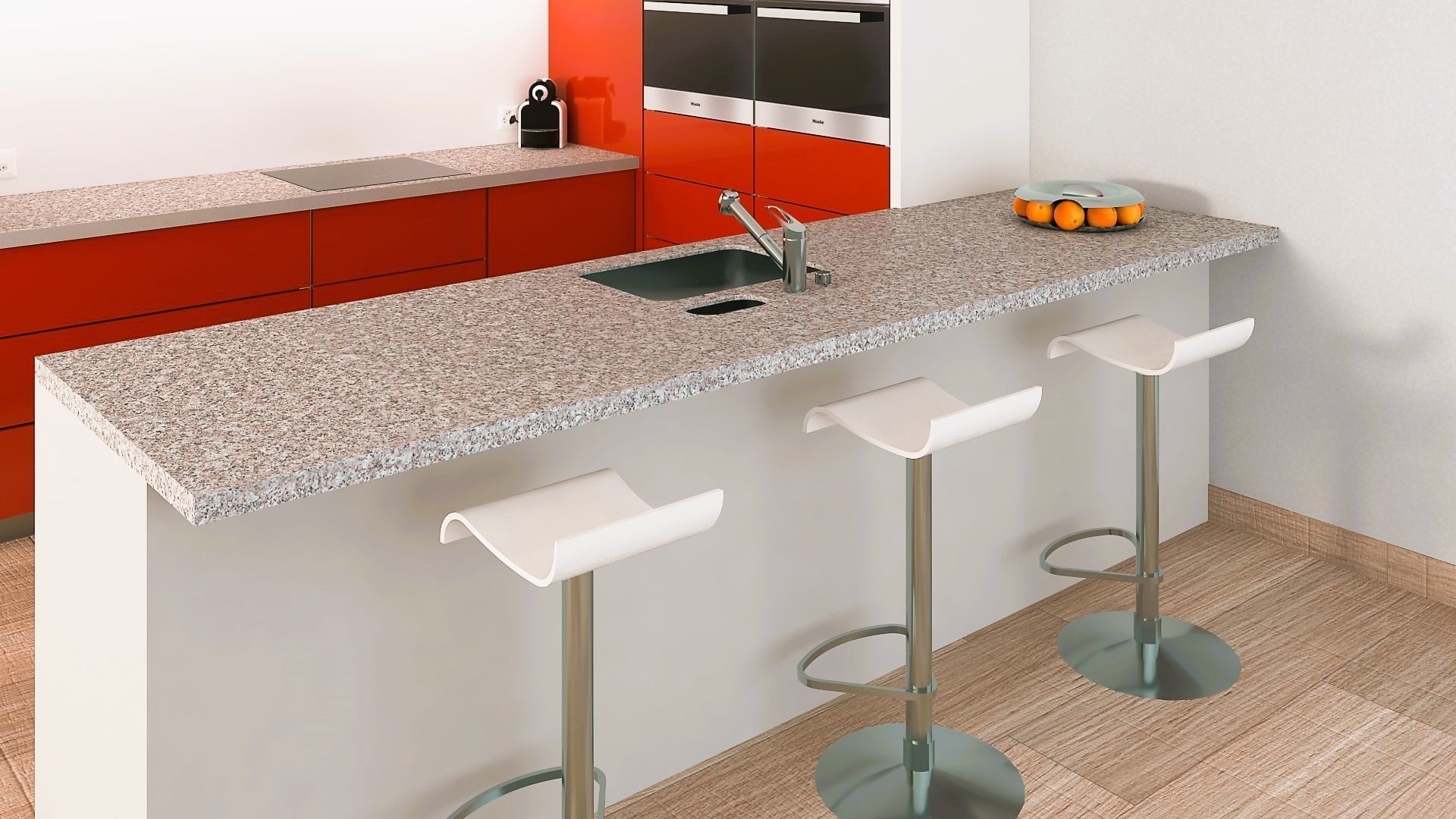 Open modern red kitchen set with a bar 3D model_6