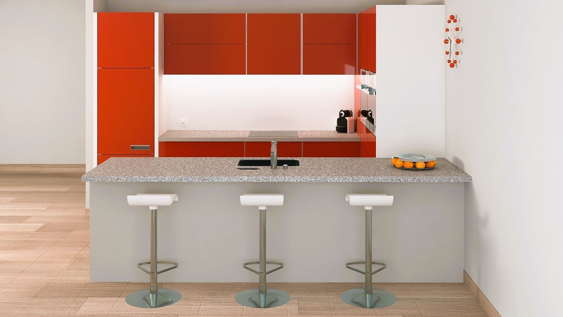 Open modern red kitchen set with a bar 3D model_2