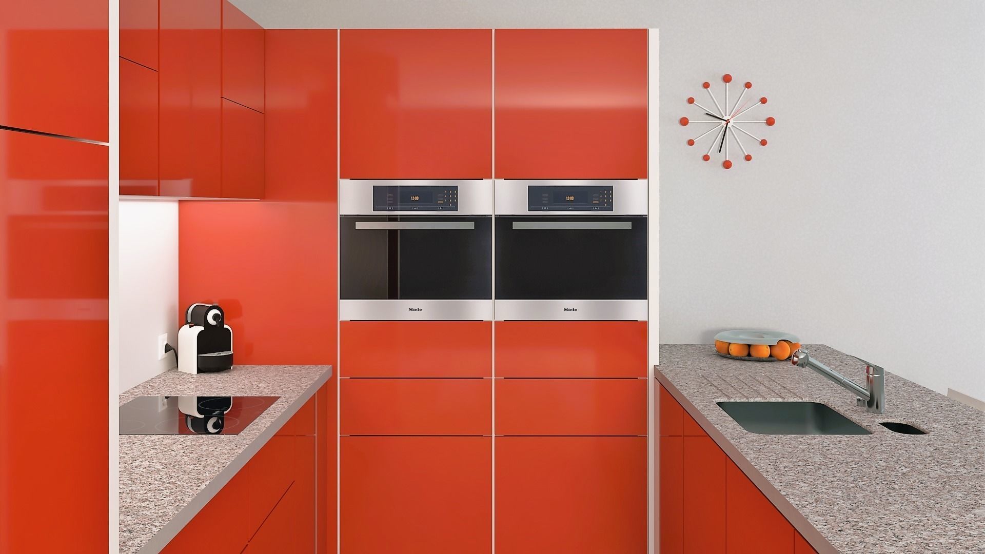 Open modern red kitchen set with a bar 3D model_4