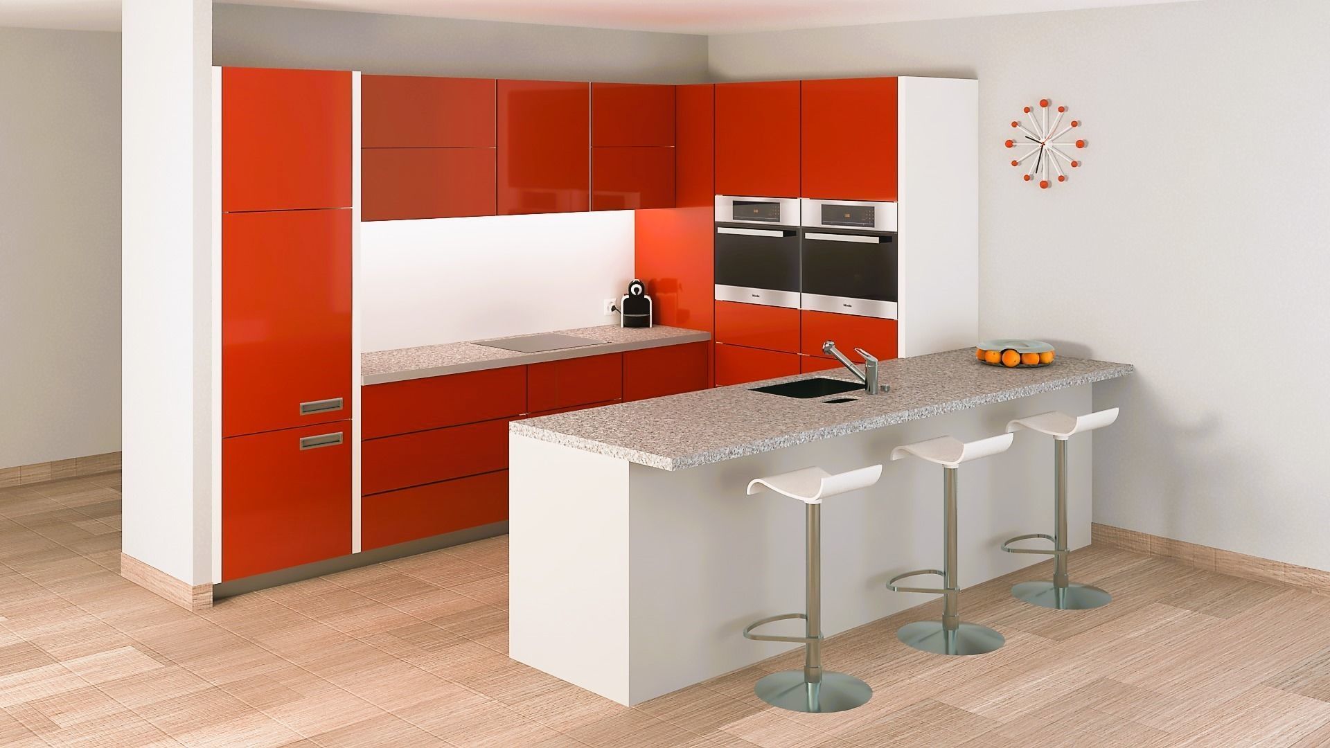 Open modern red kitchen set with a bar 3D model_1
