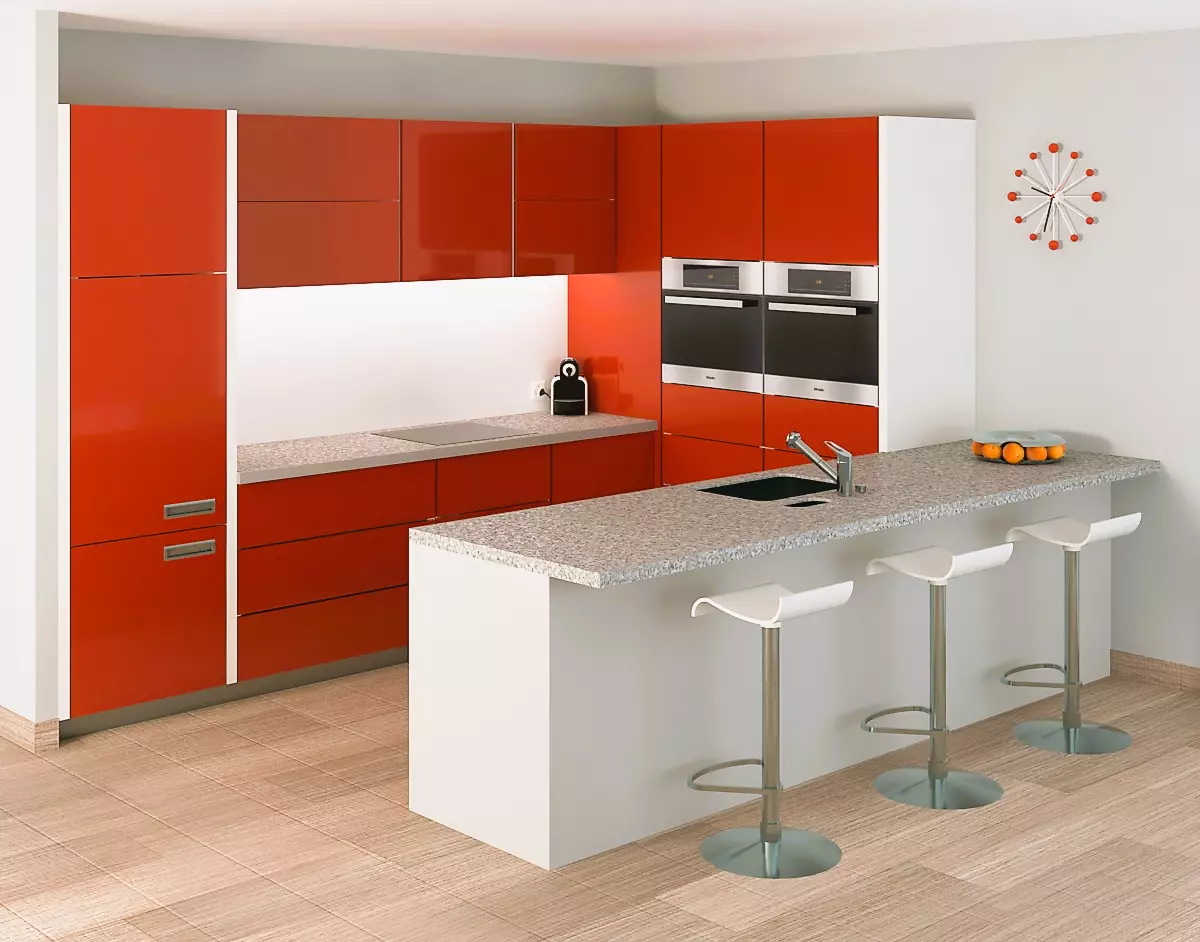 Open modern red kitchen set with a bar 3D model_0