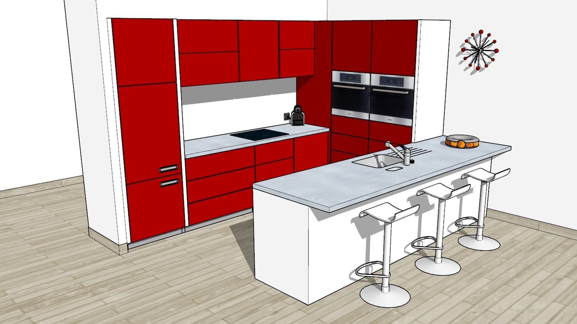 Open modern red kitchen set with a bar 3D model_7