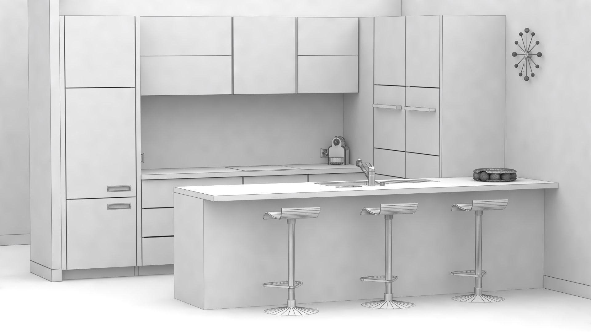 Open modern red kitchen set with a bar 3D model_8