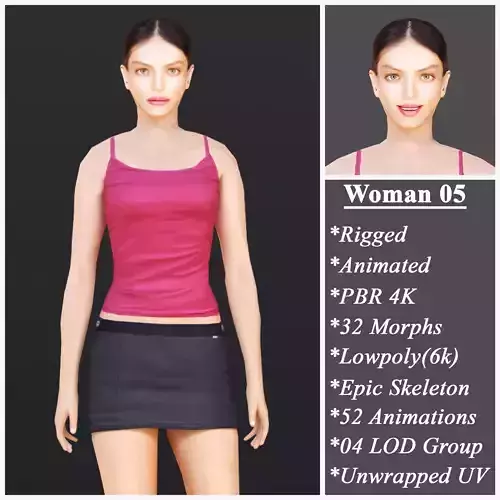 Woman 5 With 52 Animations 32 Morphs Low-poly 3D model
