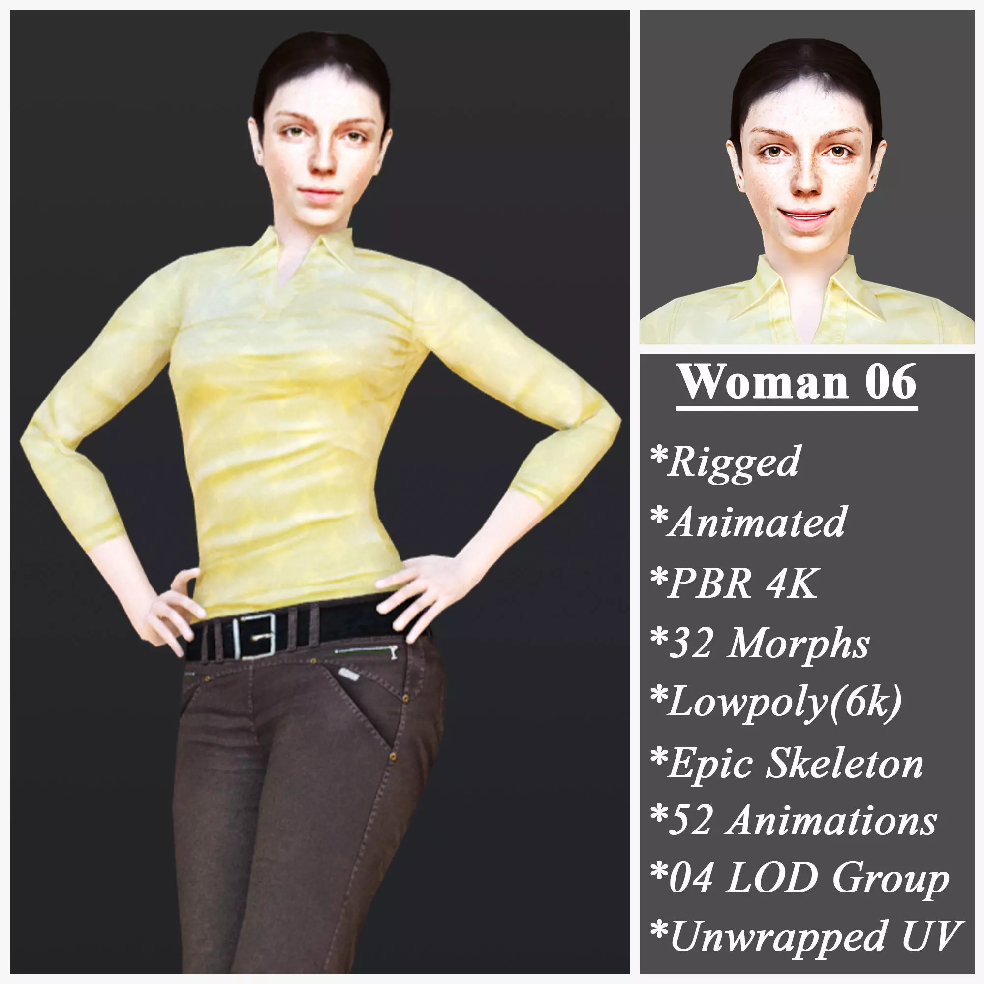 Woman 6 With 52 Animations 32 Morphs Low-poly 3D model_0