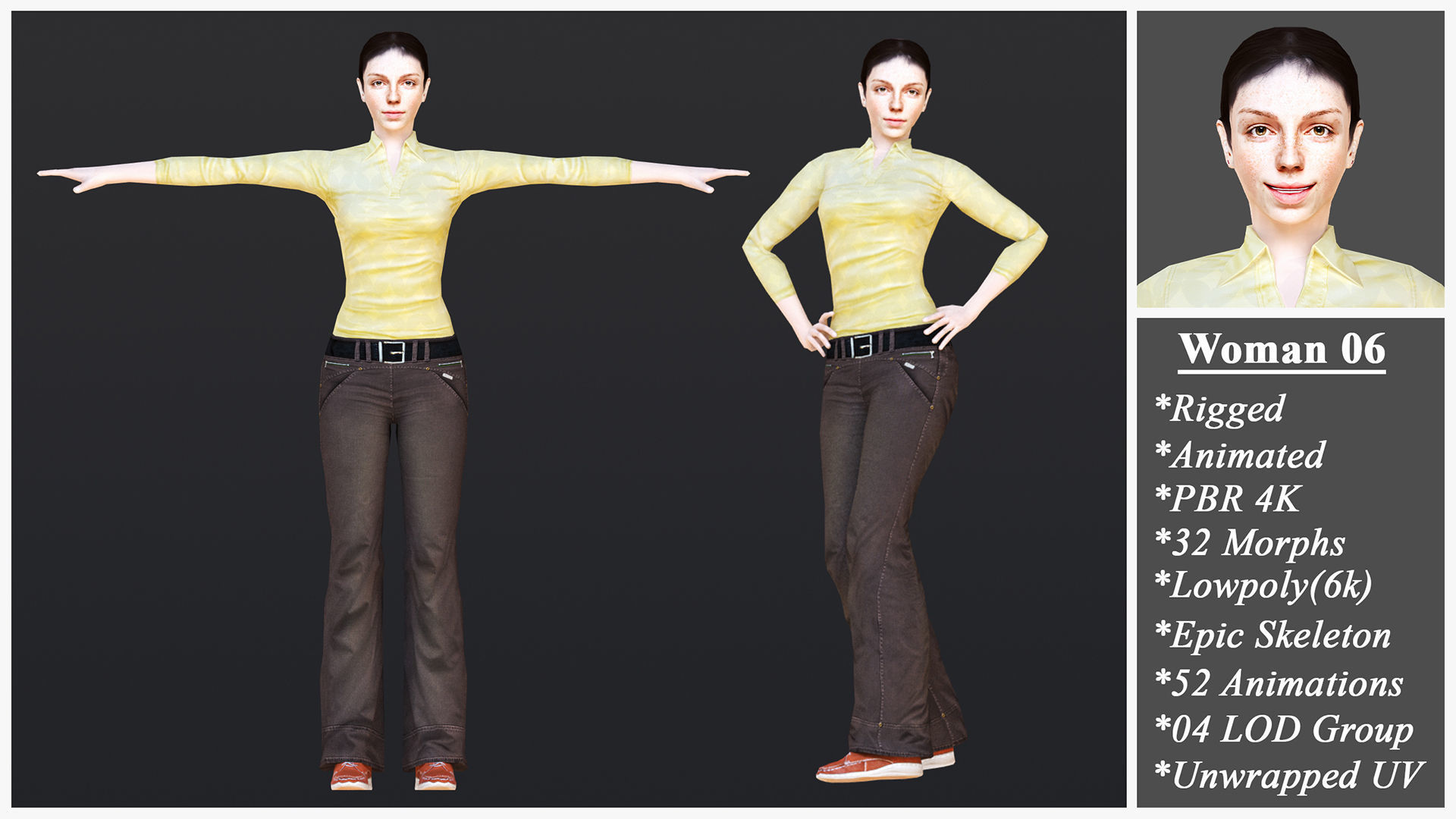 Woman 6 With 52 Animations 32 Morphs Low-poly 3D model_1