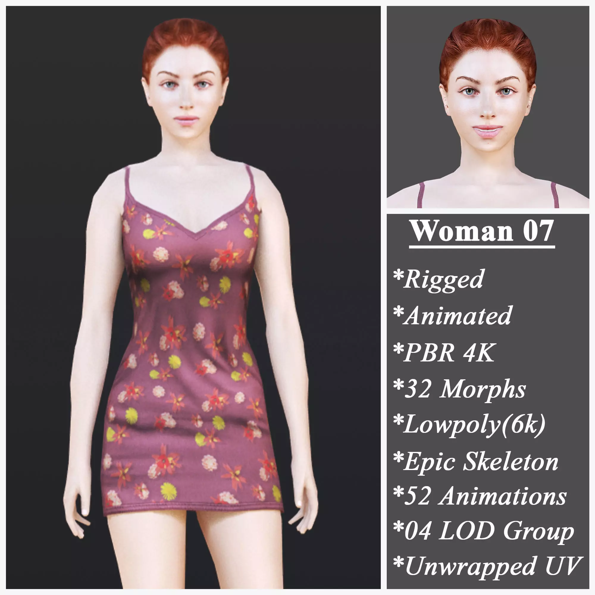 Woman 7 With 52 Animations 32 Morphs Low-poly 3D model_0