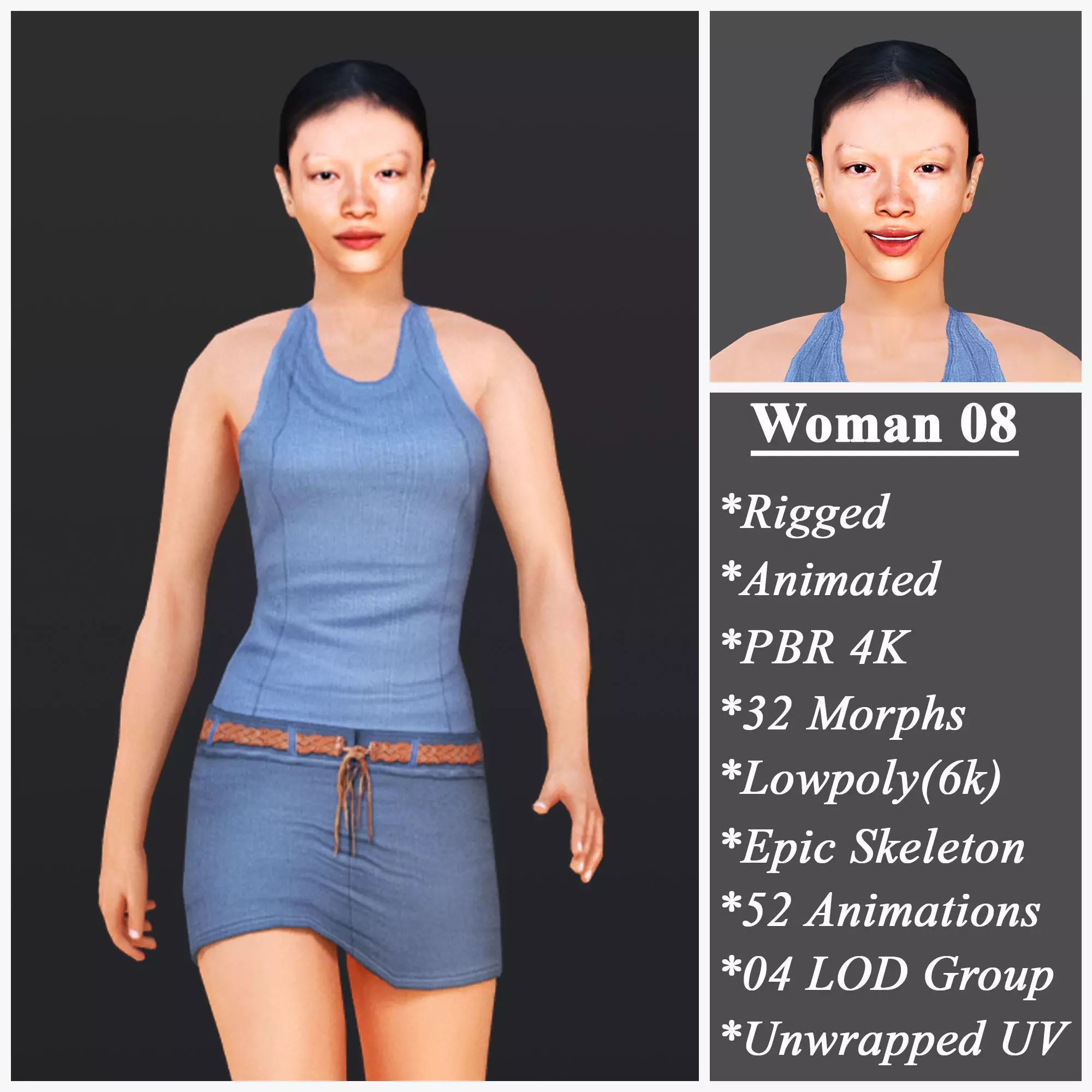 Woman 8 With 52 Animations 32 Morphs Low-poly 3D model_0