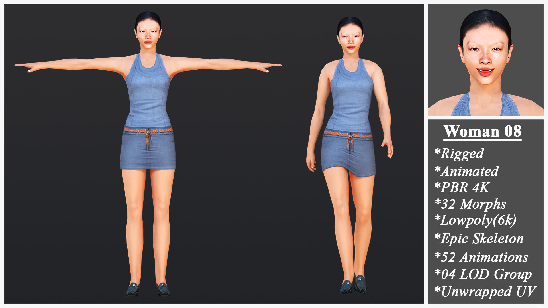 Woman 8 With 52 Animations 32 Morphs Low-poly 3D model_1