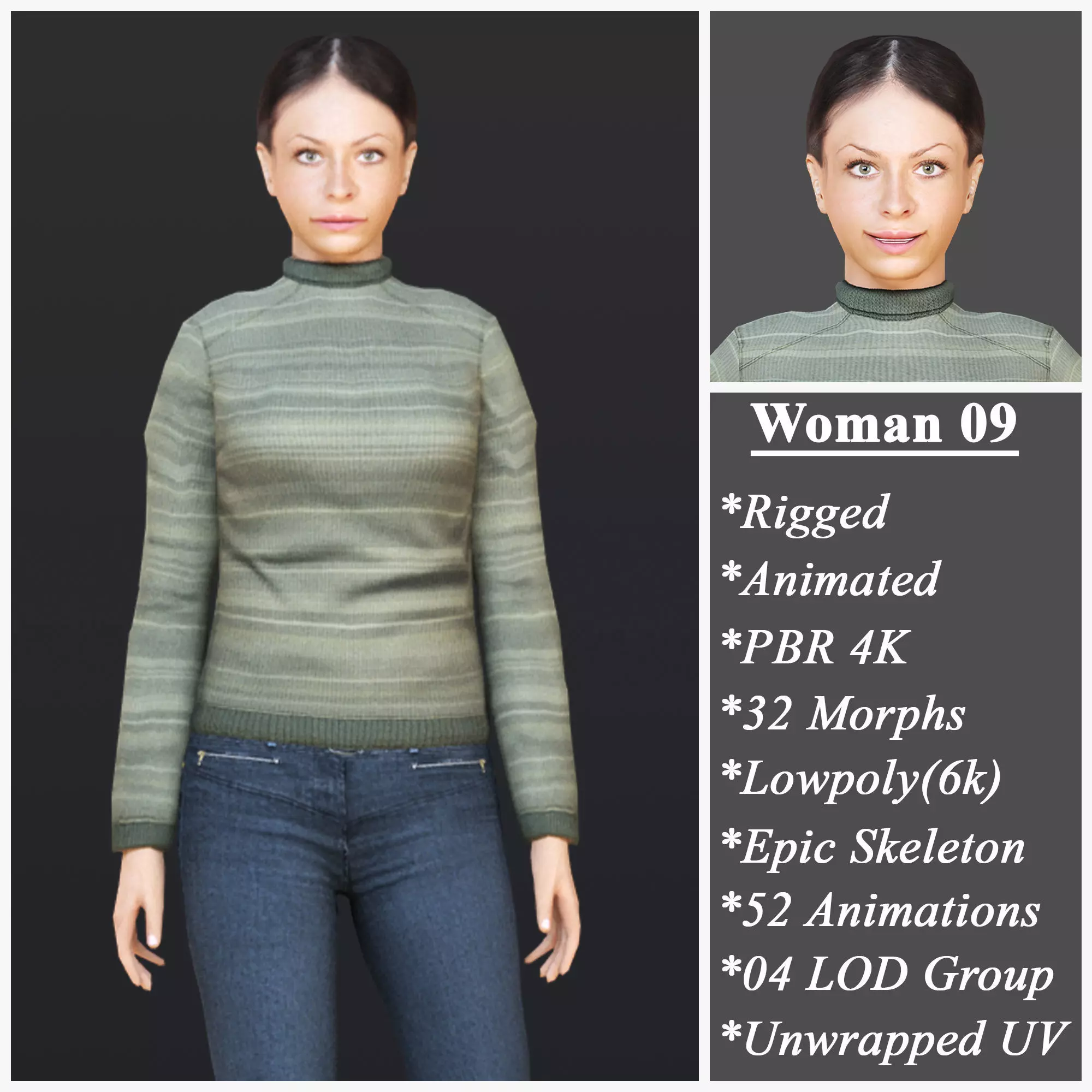 Woman 9 With 52 Animations 32 Morphs Low-poly 3D model_0