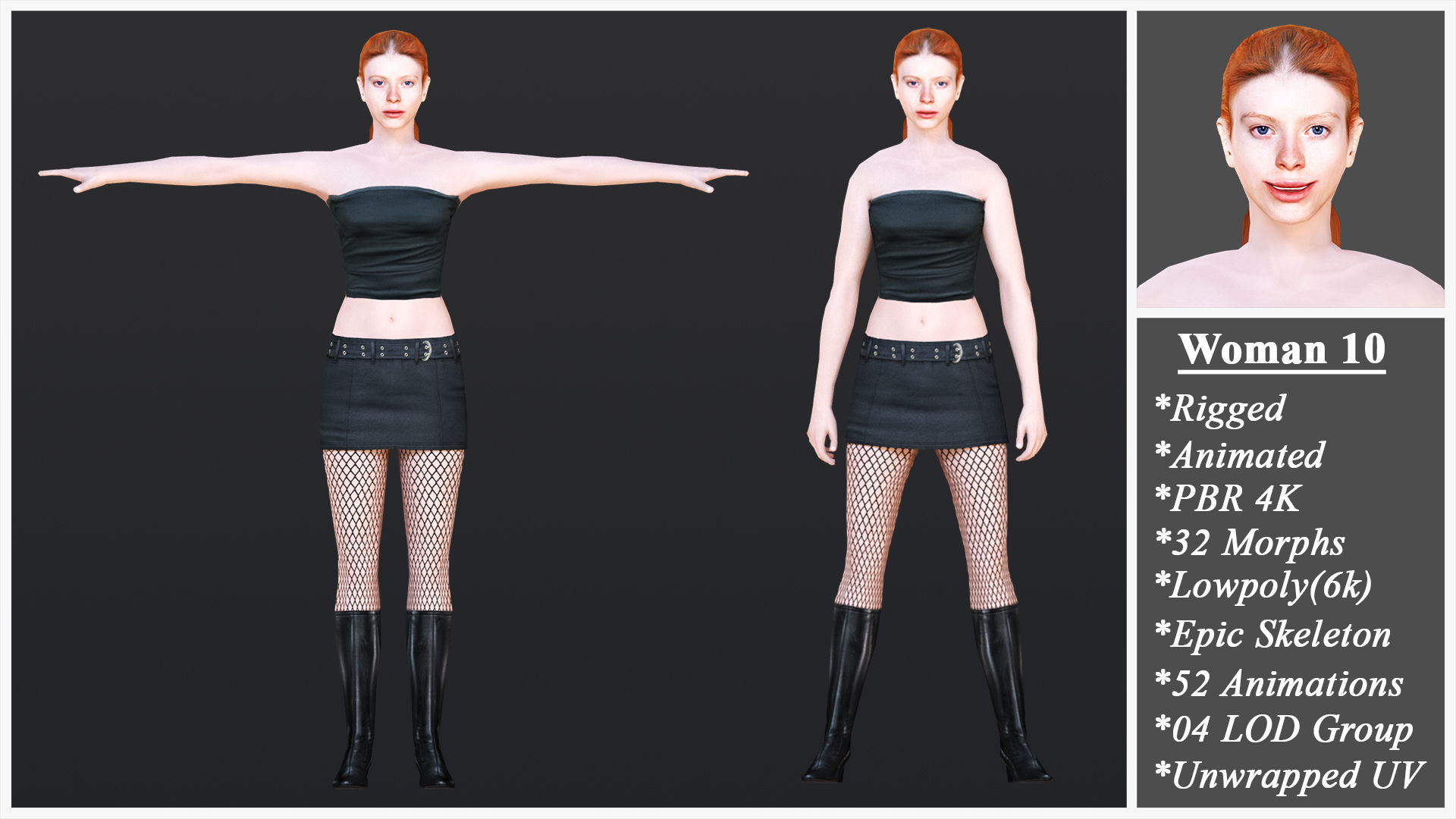 Woman 10 With 52 Animations 32 Morphs Low-poly 3D model_1