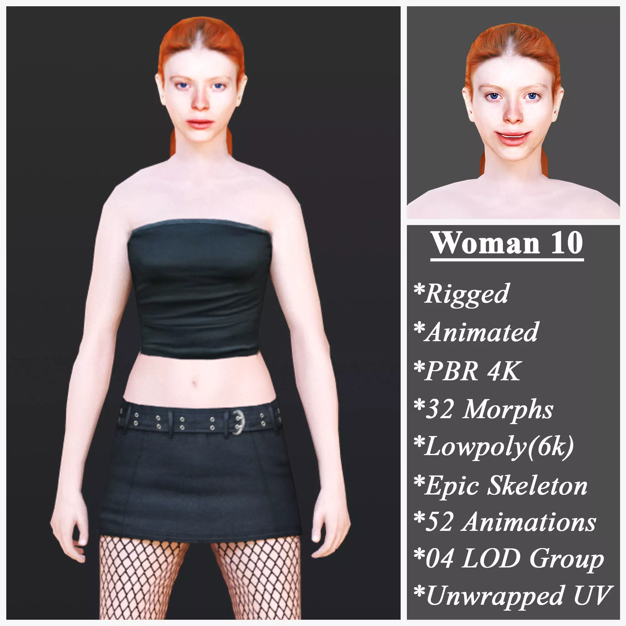 Woman 10 With 52 Animations 32 Morphs Low-poly 3D model_0