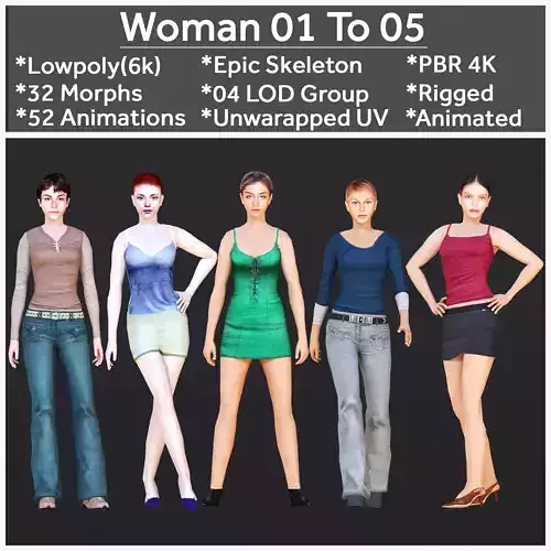 Woman 1 To 5 With 52 Animations 32 Morphs 3D Model Collection
