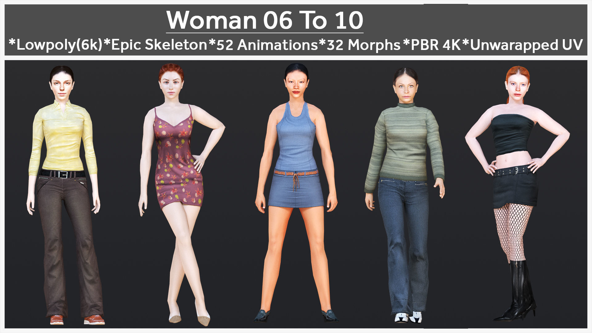 Woman 6 To 10 With 52 Animations 32 Morphs 3D Model Collection_1