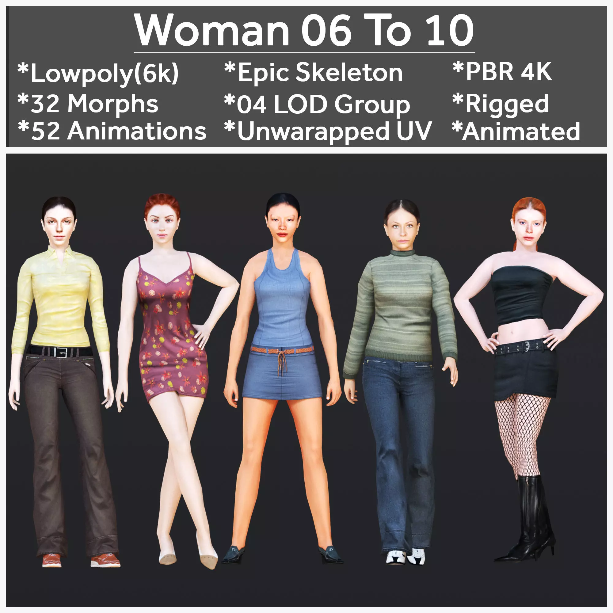 Woman 6 To 10 With 52 Animations 32 Morphs 3D Model Collection_0