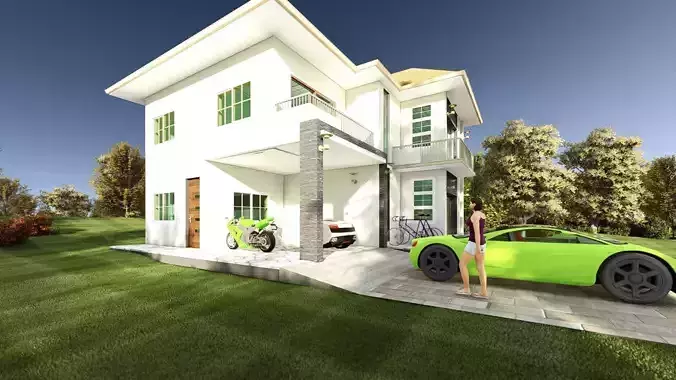 Modern 3d and 2d house plan Low-poly 3D model