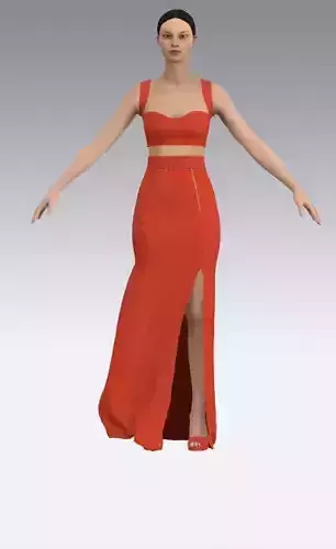 two pieces blouse and slit skirt  orange color  look