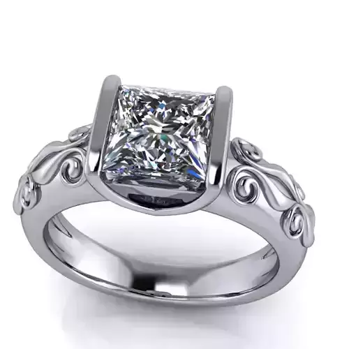 Vintage Princess Cut Solitaire  Hand Engrave Style Scroll  Ring  3D print model