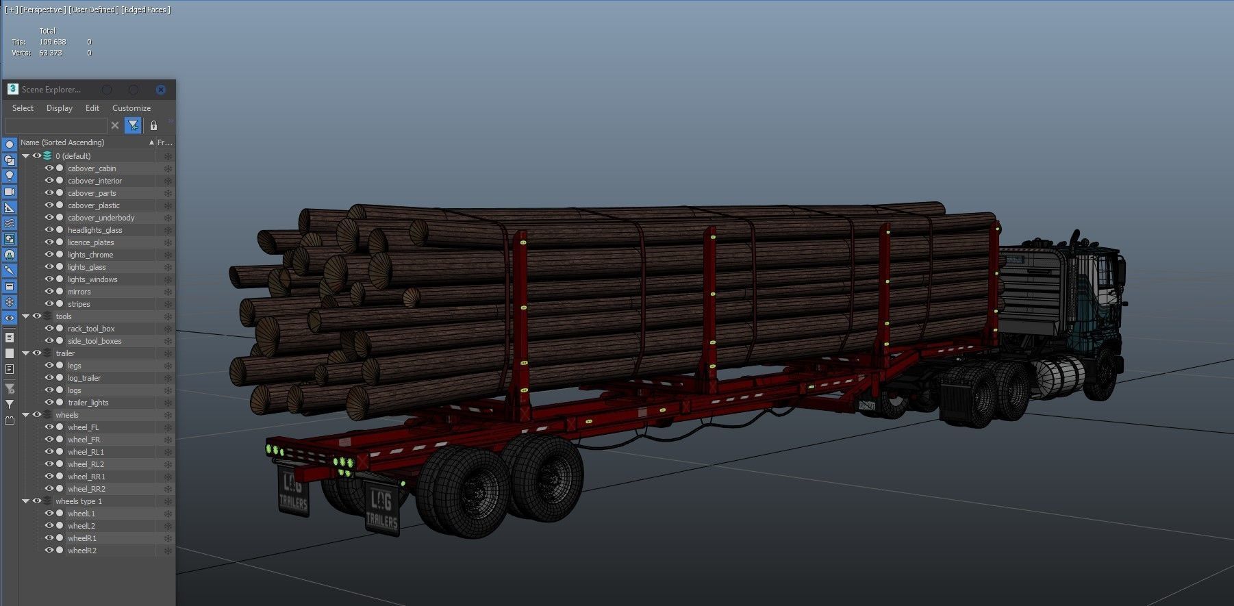 Cabover log semitruck Low-poly 3D model_40
