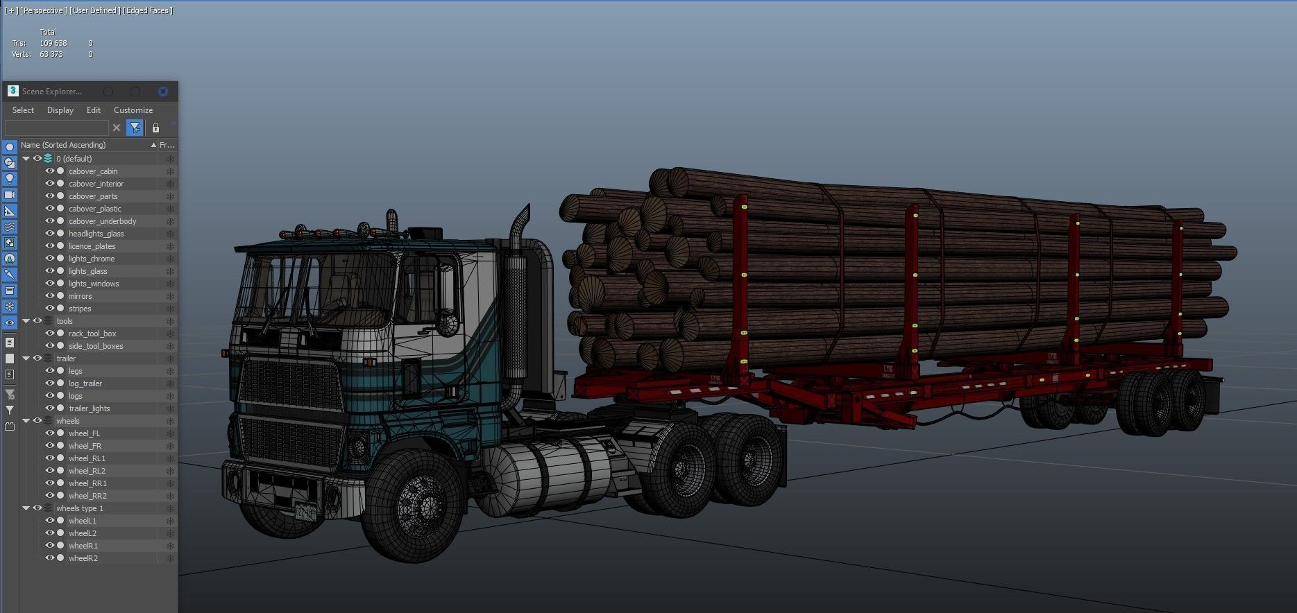 Cabover log semitruck Low-poly 3D model_39