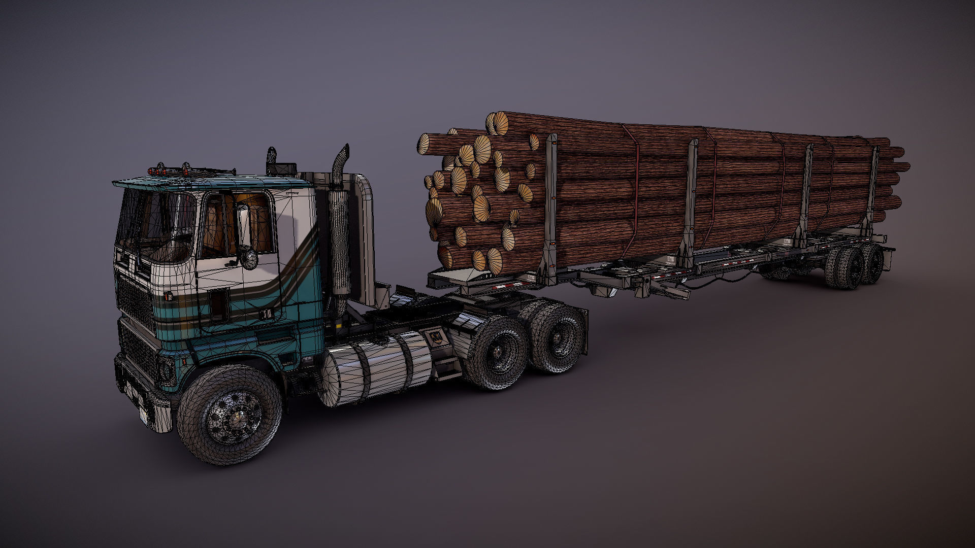 Cabover log semitruck Low-poly 3D model_28