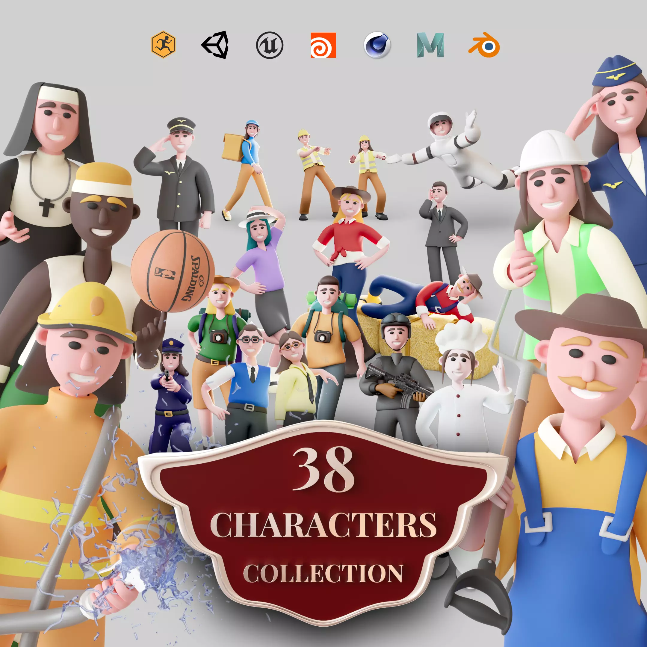 38 Rigged 3D Characters - 12 Animations per model Low-poly 3D model