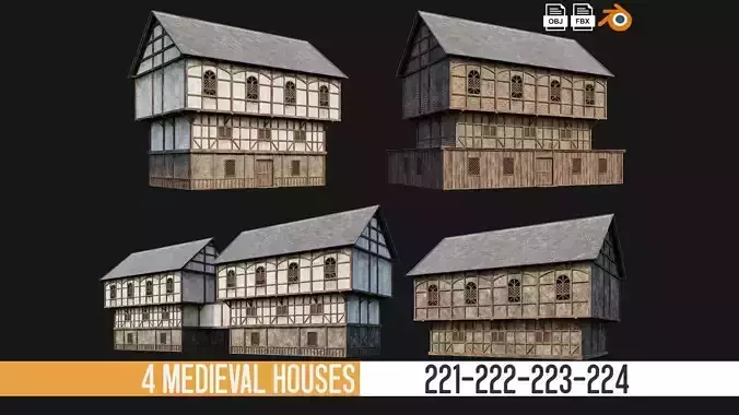 221-222-223-224 Old Medieval Houses Pack 4K Textures Low-poly 3D model