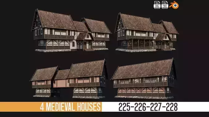225-226-227-228 Old Medieval Houses Pack 4K Textures Low-poly 3D model