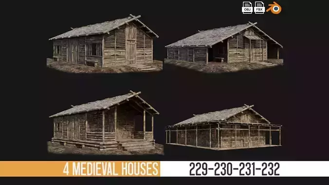 229-230-231-232 Old Medieval Houses Pack 4K Textures Low-poly 3D model