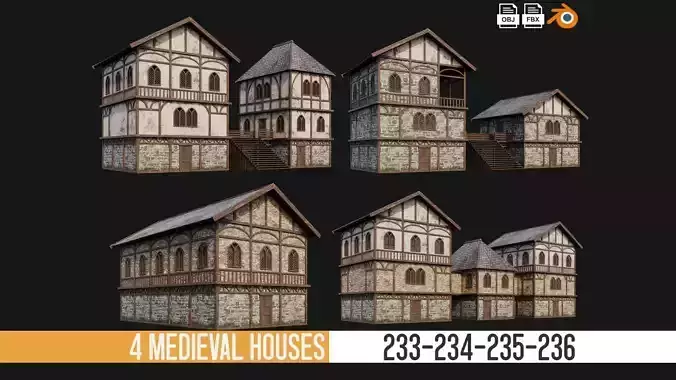 233-234-235-236 Old Medieval Houses Pack 4K Textures Low-poly 3D model