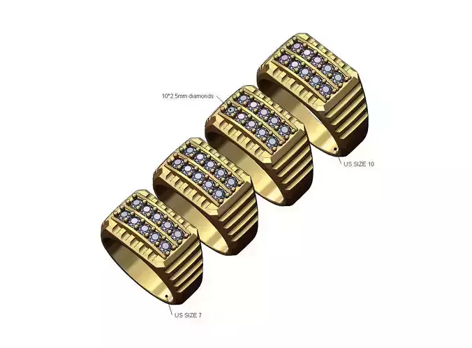 Double diamond row round top undulated signet US sizes 7to10