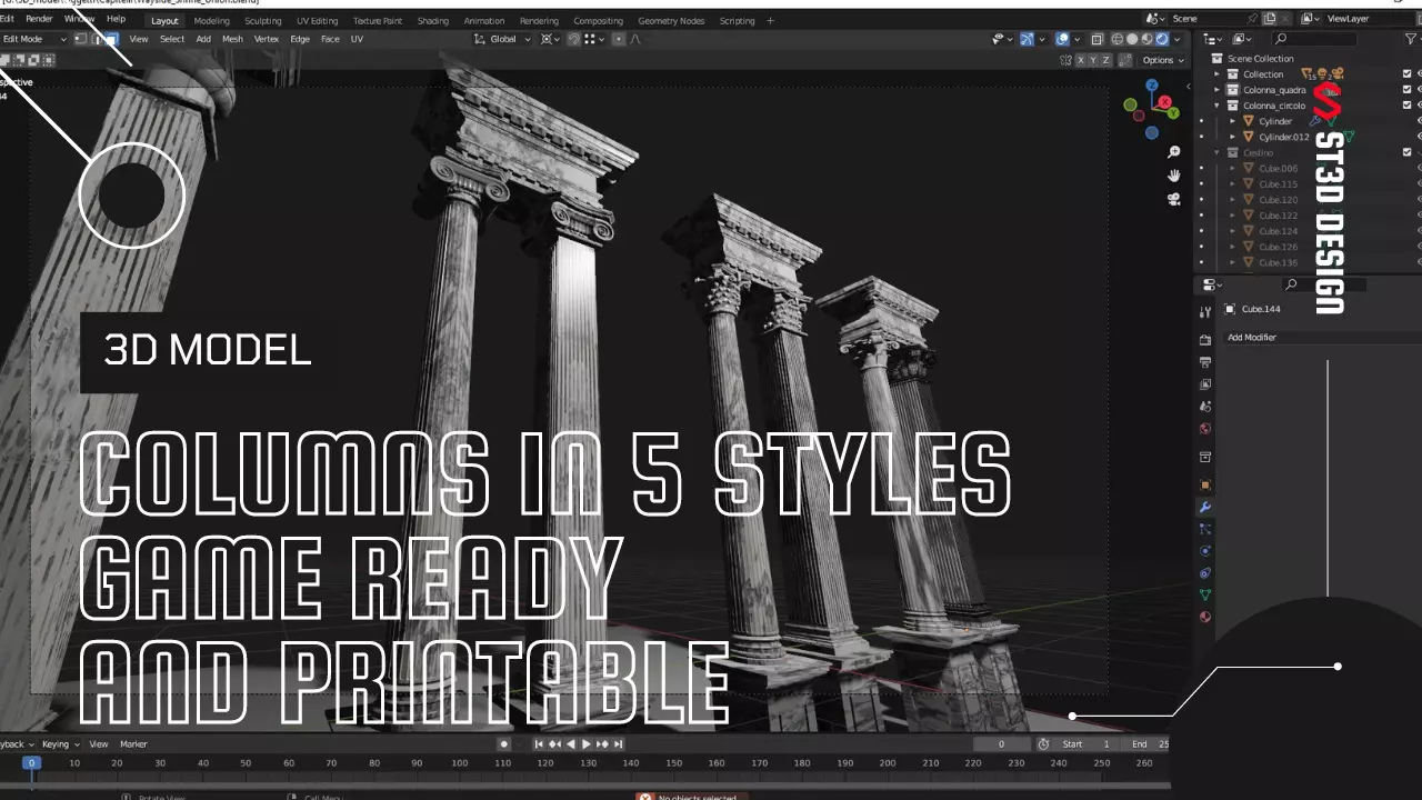 Columns in 5 styles  Game ready and printable Low-poly 3D model_0