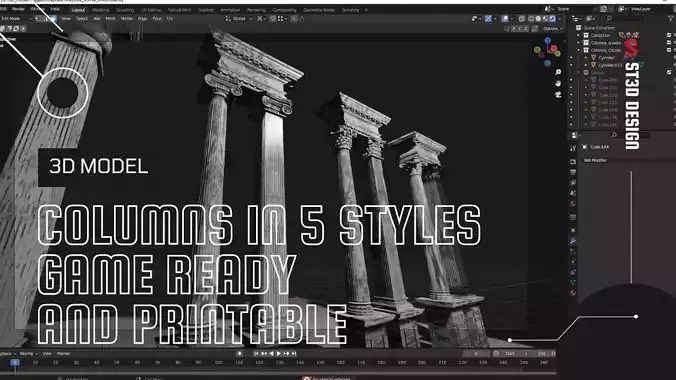 Columns in 5 styles  Game ready and printable Low-poly 3D model