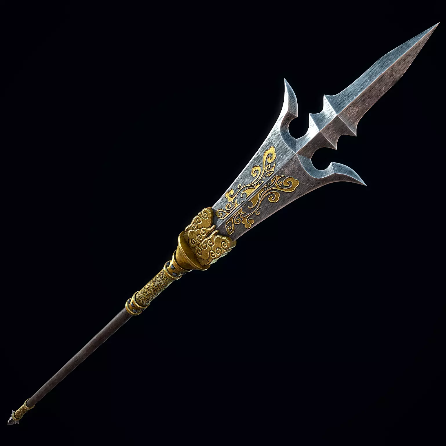 Chinese Trident Spear Low-poly 3D model_0