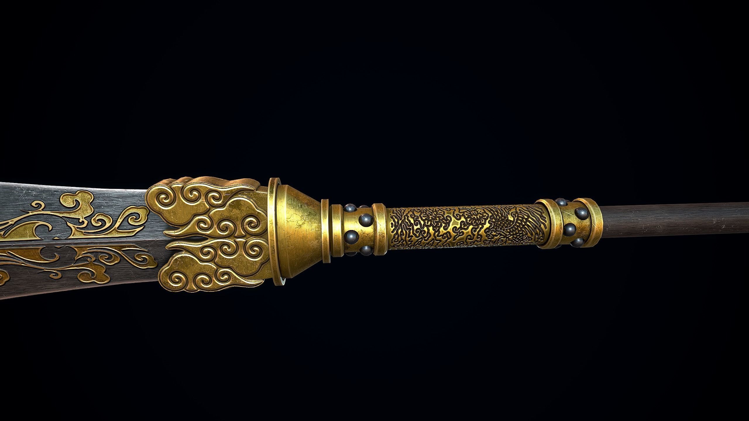 Chinese Trident Spear Low-poly 3D model_5