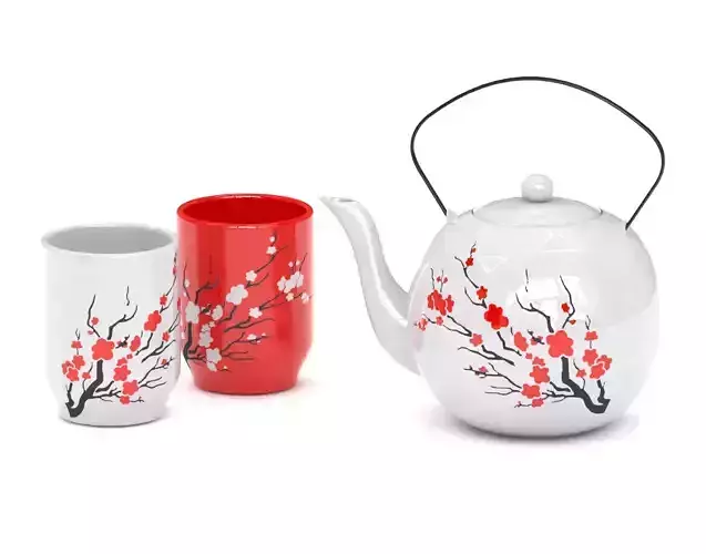 Japanese tea set with cherry blossom painting 3D model