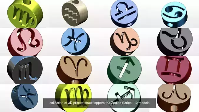 collection of 3D printed straw toppers the Zodiac Series 