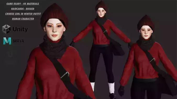 3D REALISTIC HUMAN RIGGED CHARACTER - ASIAN GIRL WINTER OUTFIT