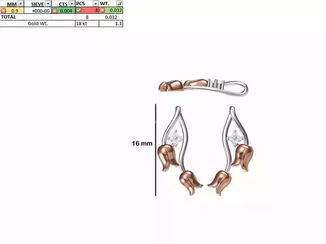 Women Diamond Rose Earring STL OBJ FBX JCD Details