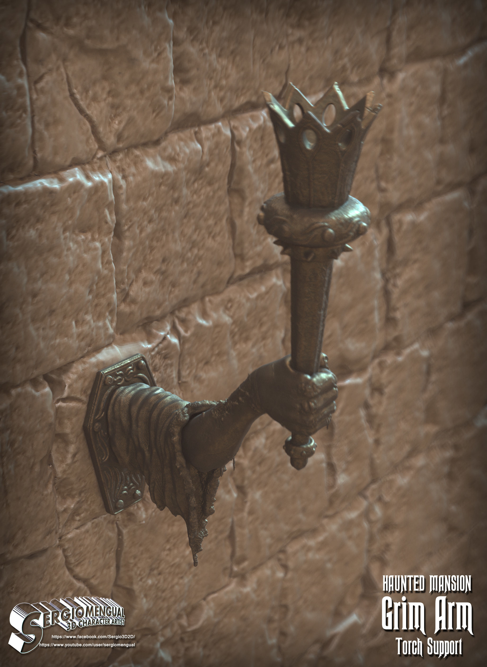 Haunted Mansion Grim Arm Torch Support 3D Printable Sculpture 3D print model_6