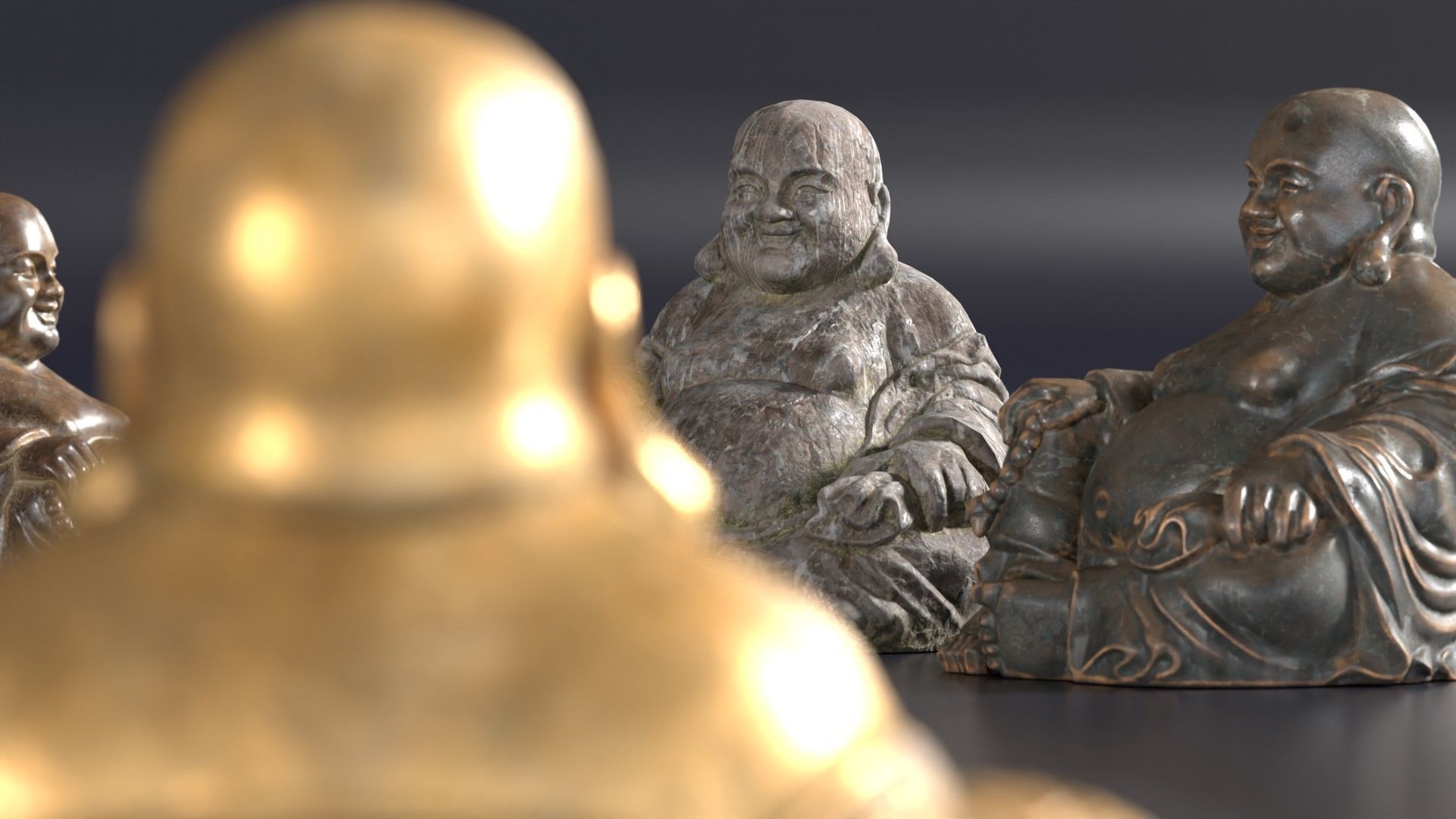 Buddha Budai Statue set of 5 gold stone ivory lavastone clay  Low-poly 3D model_18