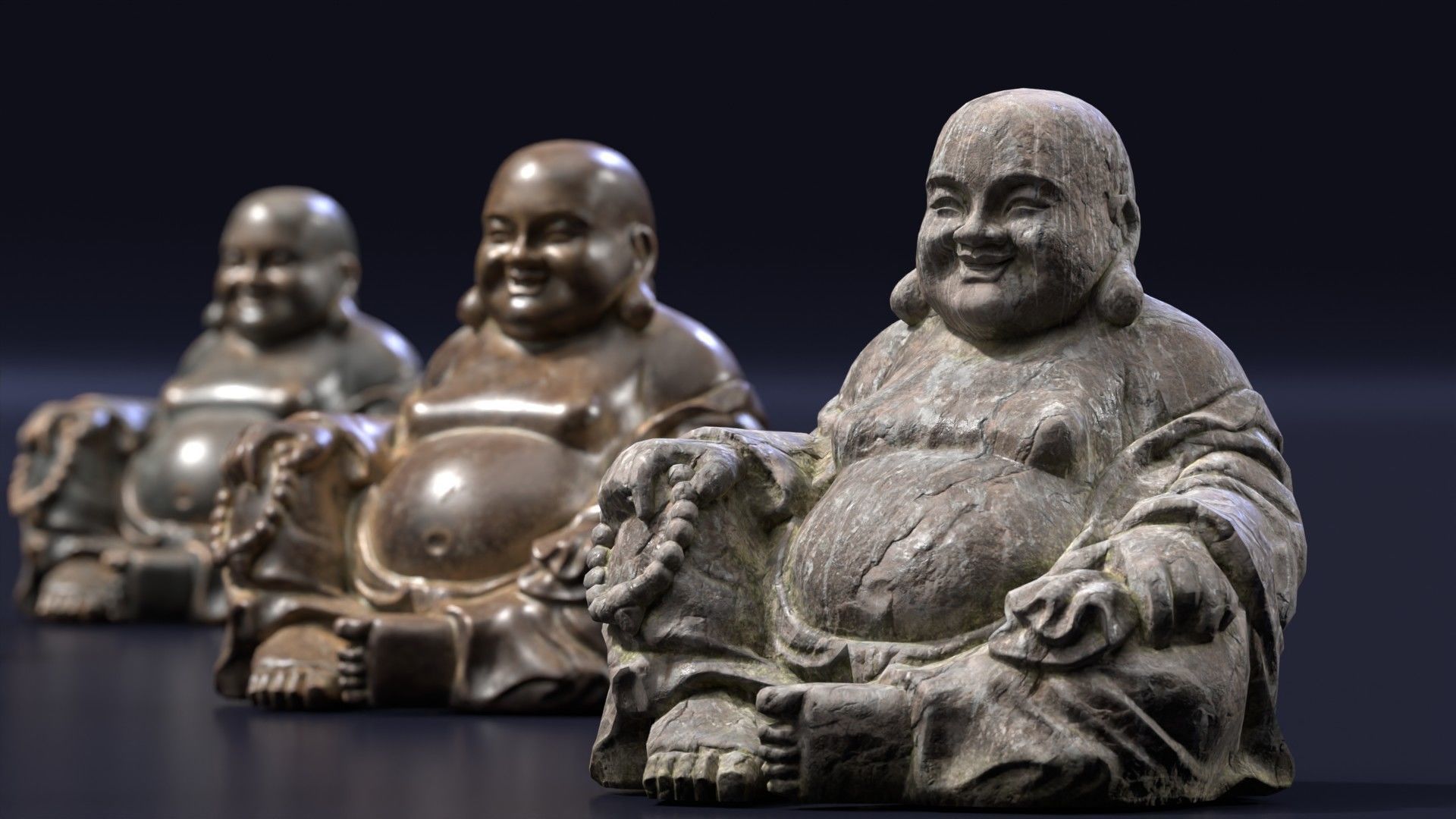 Buddha Budai Statue set of 5 gold stone ivory lavastone clay  Low-poly 3D model_9