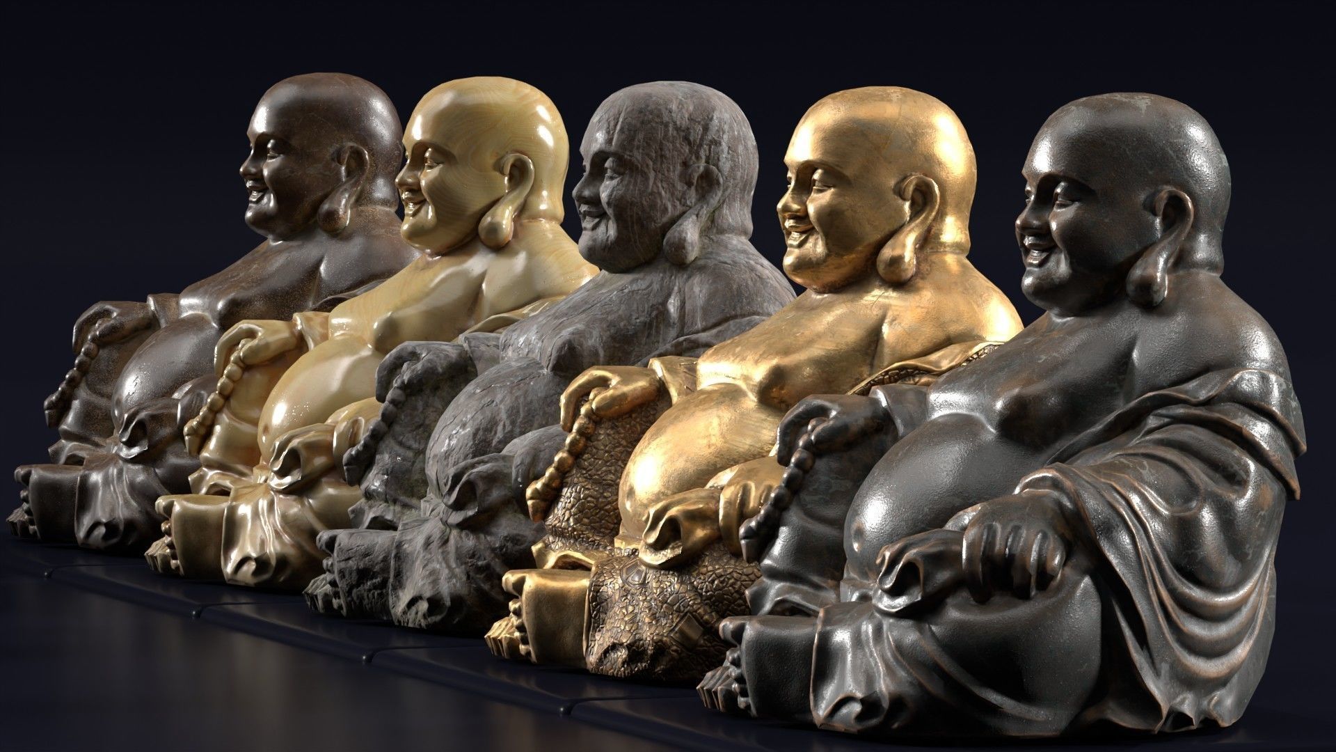 Buddha Budai Statue set of 5 gold stone ivory lavastone clay  Low-poly 3D model_4